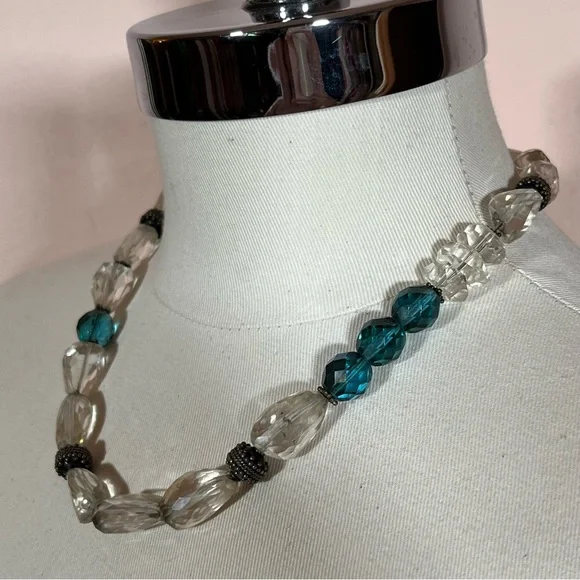 Vintage Bohemian Silver Heavy Clear Quartz Stone Blue Chunky Western Necklace